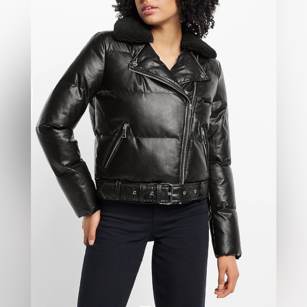 Faux Leather Fur Collar Belted Hem Puffer Moto Jacket - NWT Size XS - Picture 3 of 7